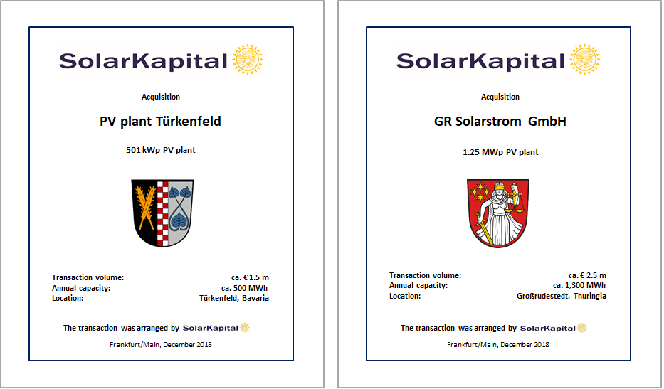19.12.2018 - SolarKapital acquires further pv plants in Germany 